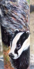 Load image into Gallery viewer, Wildlife in the Moonlight- Hand Painted Hazel Thumbstick with Antler Handle
