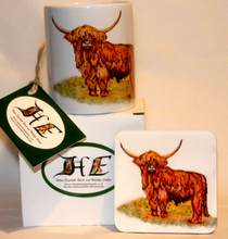 Load image into Gallery viewer, Scotland&#39;s Wildlife Collection -  Highland Cow Ceramic Mug and Coaster by Helen Elizabeth
